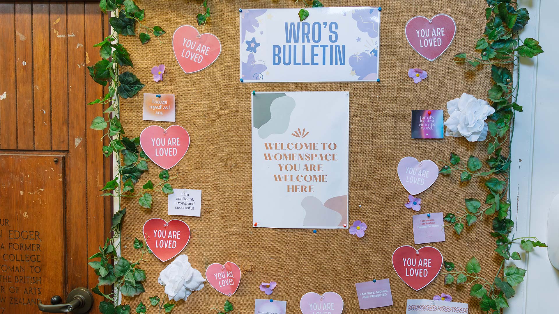 The welcome board in Women's Space